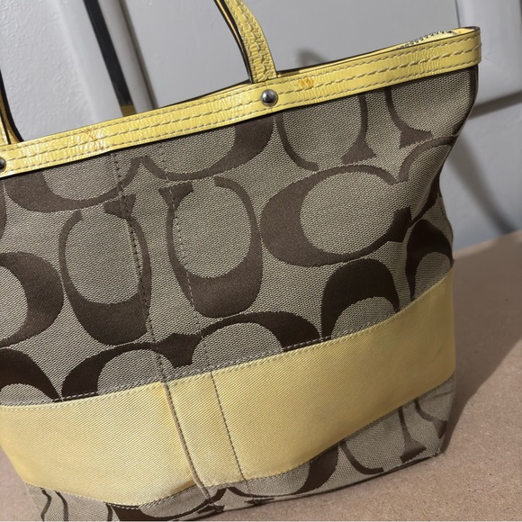Coach Signature Canvas Yellow Stripe Leather Trim Shoulder Tote Trapezoid Bag - Picture 5 of 15